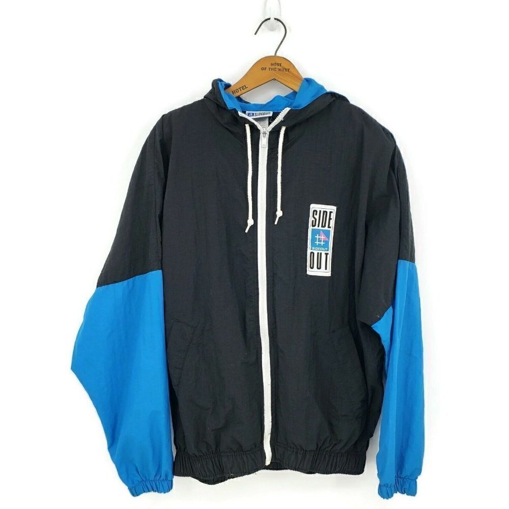 Vintage Side Out Windbreaker Jacket Mens Small Black Blue Zip Front Hooded